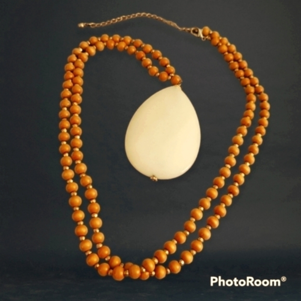 Gemstone Teardrop Shaped Pendant Wood Beaded Sweater Necklace